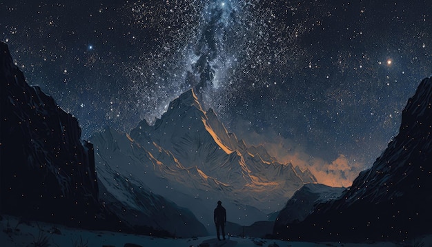 Illuminated cordillera blanca mountain range with starry space night by generative ai