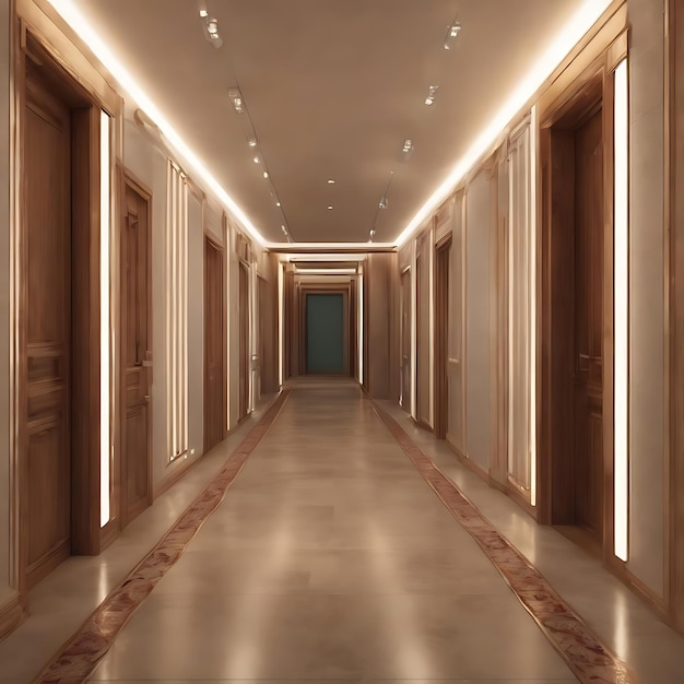 Illuminated corridor interior design 3d rendering