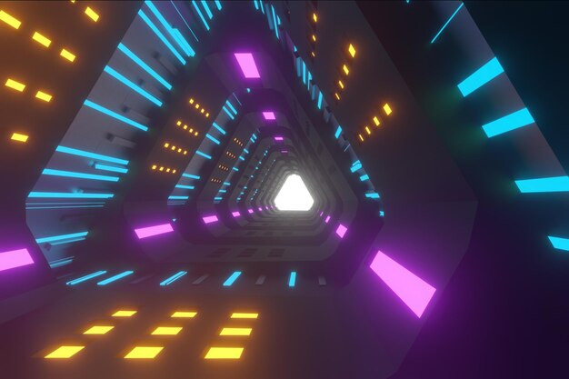 Illuminated corridor interior design. Abstract Futuristic tunnel with light background. 3D rendering