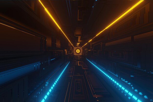 Illuminated corridor interior design. Abstract Futuristic tunnel with light background. 3D rendering