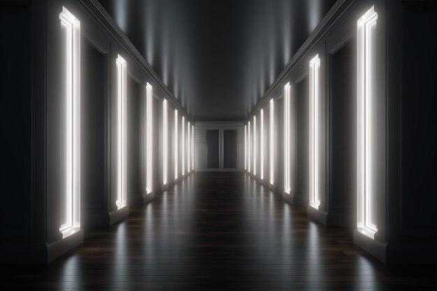 Photo illuminated corridor interior design empty room interior background creative ai