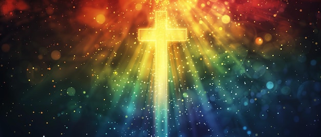 照らされた十字架 輝く色の背景 輝く十字架は 暖かい光と冷たい光を放射し 希望とスピリチュアリティを象徴し 宇宙のような背景に ボケエフェクトがあります