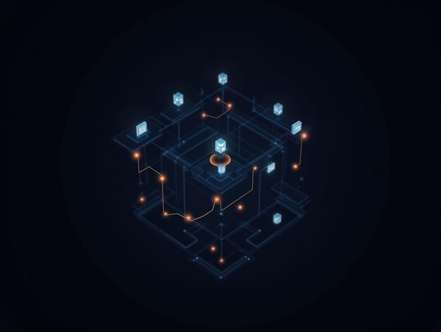 illuminated digital network of interconnected data points and technologies on a dark background