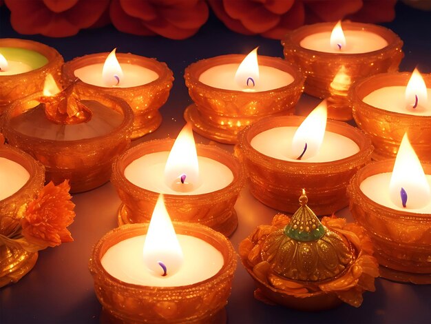 Photo illuminated diyas creating a warm glow on a decorative background diwali