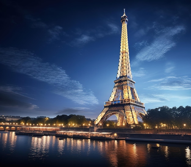 Illuminated Eiffel Tower at Night in Paris France