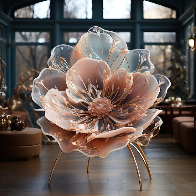 Photo illuminated elegance a flowershaped chair in a romantic settingconceptual design flower shaped chair furniture