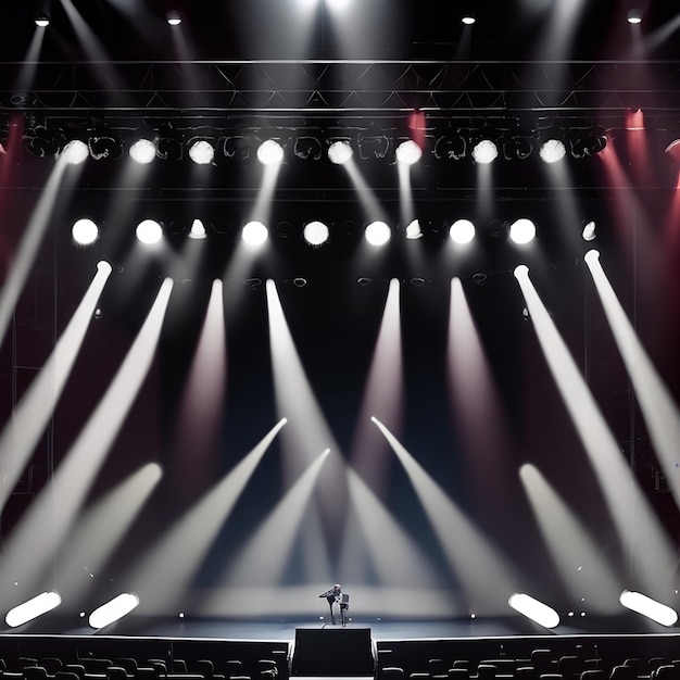 Illuminated empty concert stage with smoke generated by AI