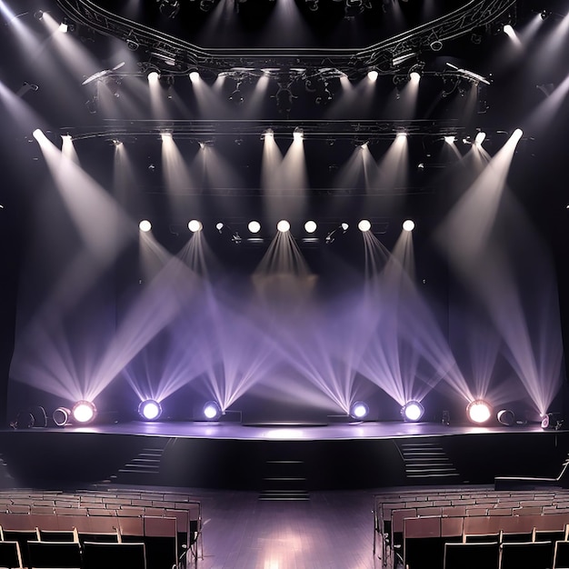 Illuminated empty concert stage with smoke generated by AI