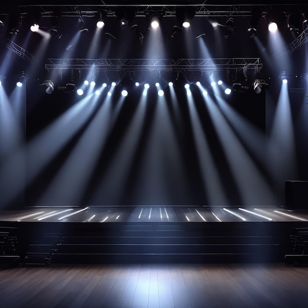 Illuminated empty concert stage with smoke generated by AI