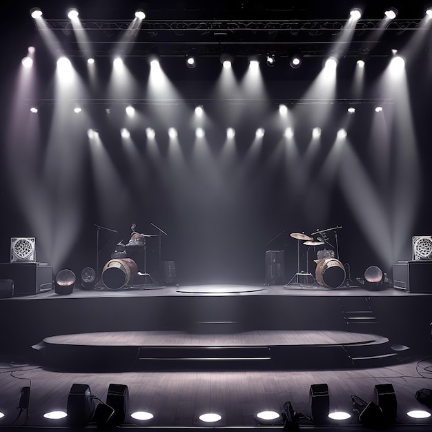 Illuminated empty concert stage with smoke generated by AI