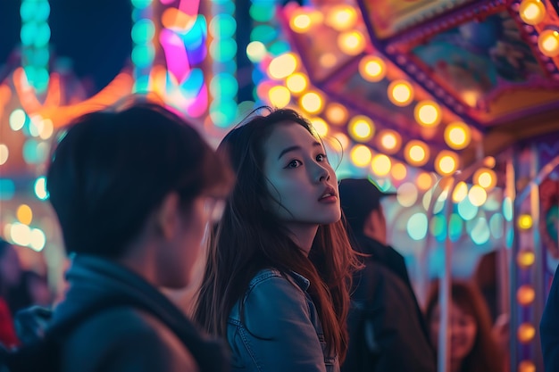 Illuminated Faces of People at an Annual Fair