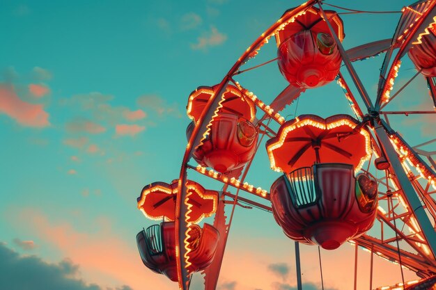 어두운 하늘을 배경으로 빛나는 심장 모양의 객실을 가진 기발한 페리스  (Firris Wheel at Dusk)