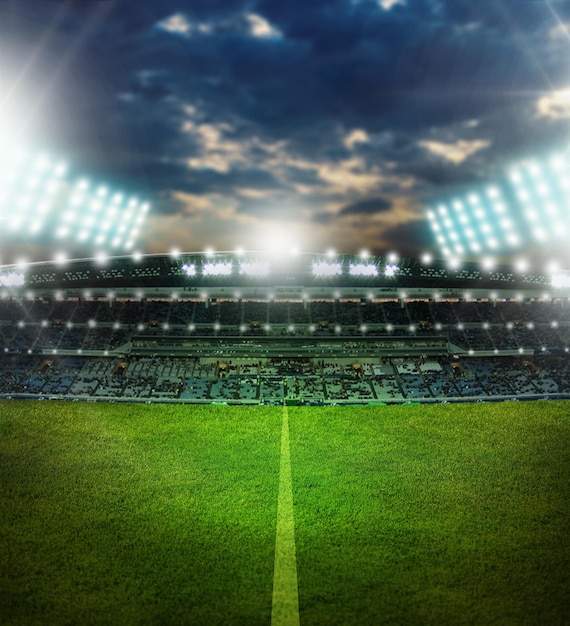 Photo illuminated football stadium, blank space