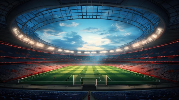 Illuminated football stadium seen from inside