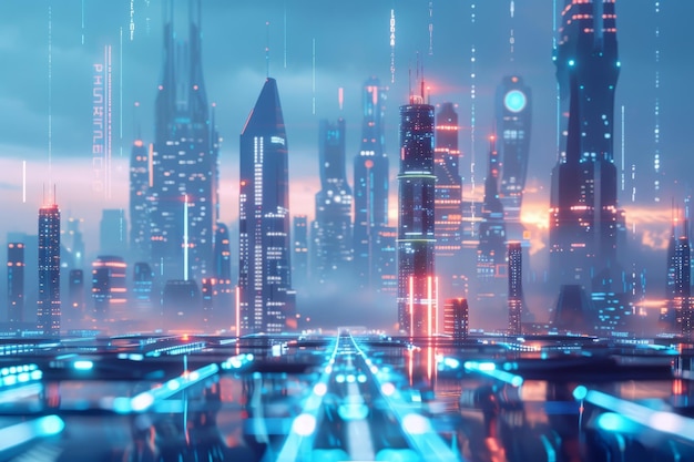 Illuminated Futuristic City at Night