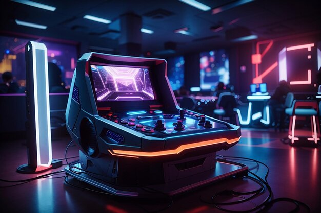 写真 ナイトクラブに照らされた未来的なビデオゲーム機器