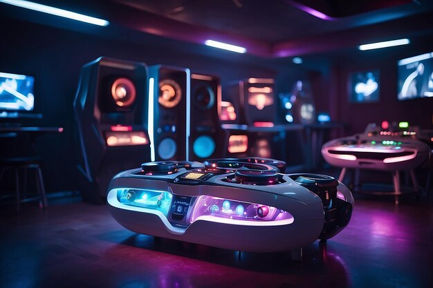 Фото Освещенное футуристическое видеоигровое оборудование в ночном клубе