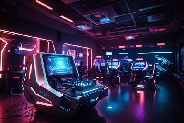 Photo illuminated futuristic video game equipment in nightclub