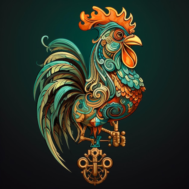Photo illuminated gallic rooster with key concept on arial grey background