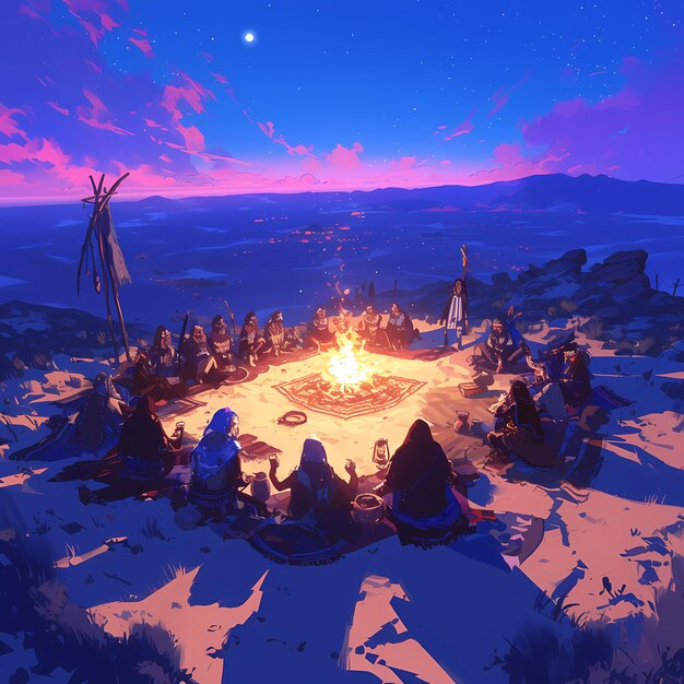 Photo illuminated gathering a nomadic storytelling circle under the desert sky