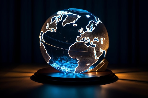 Illuminated Globe with Blue Lights on the Table Generative By Ai