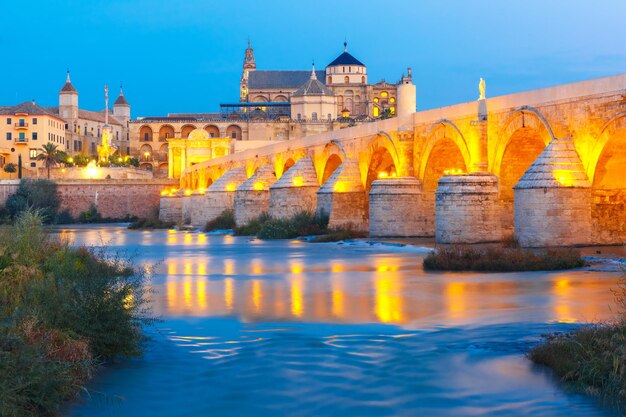 Illuminated Great Mosque Mezquita Catedral de Cordoba with mirror reflection and Roman bridge across Guadalquivir river during evening blue hour Cordoba Andalusia Spain