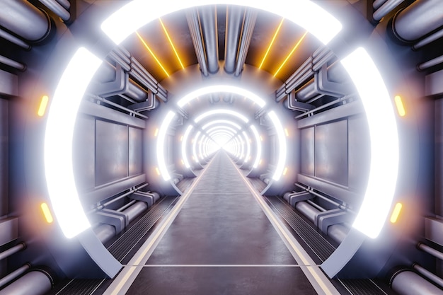 Illuminated hallway of futuristic spaceship 3d render