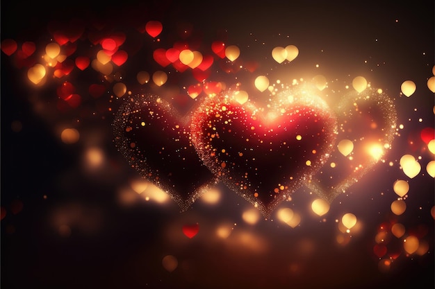반짝이는 검은색 배경에 정지된 조명 하트 발렌타인 데이 또는 사랑 개념을 위한 엽서 Generative AI