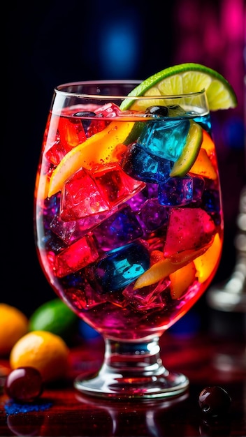 照らされた氷 祭りのグラスに色のカクテル