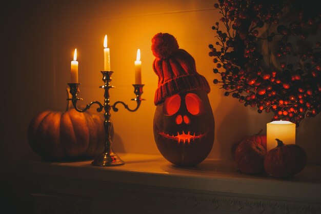 Photo illuminated jack o lantern on table