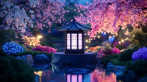 Illuminated Japanese Garden with Lantern and Cherry Blossoms at Night Generative Ai | Premium AI-generated image Illuminated Japanese Garden with Lantern and Cherry Blossoms at Night Generative Ai | Premium AI-generated image