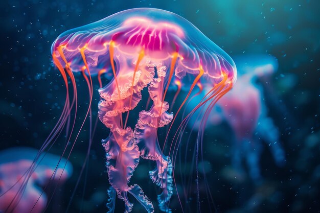 Illuminated jellyfish in deep sea with enchanting glow