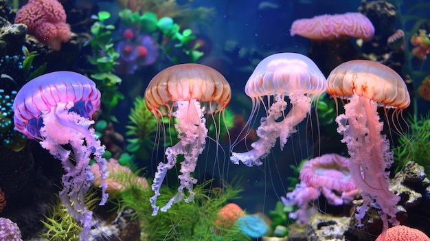 Illuminated jellyfish with vibrant pink hues underwater