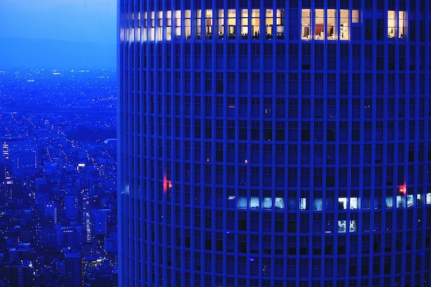 Illuminated jr central office tower at dusk