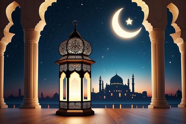 Photo illuminated lamp of ramadan kareem lantern with serene mosque background generative ai