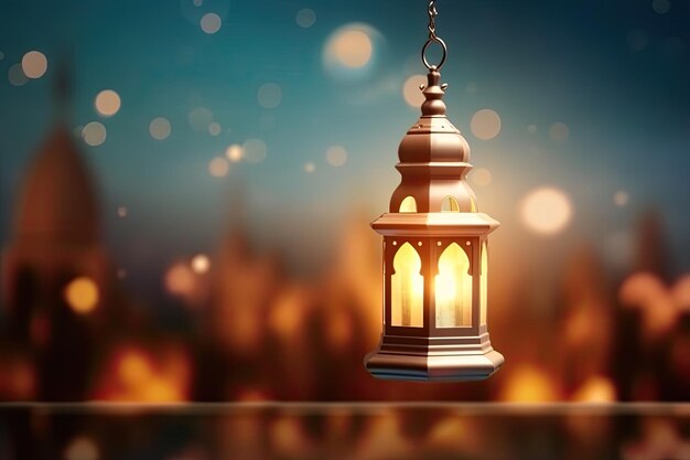 Illuminated lamp of Ramadan Kareem Lantern with serene mosque background