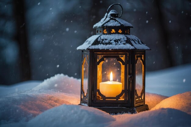 写真 雪の景色に照らされたランタン