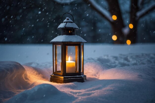 Foto lanterna illuminata in una scena innevata