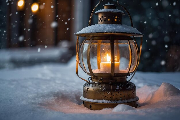 Освещенный фонарь в снежной сцене