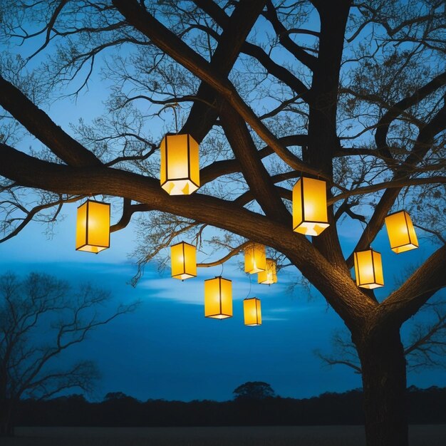 Photo illuminated lanterns hanging from old tree branches