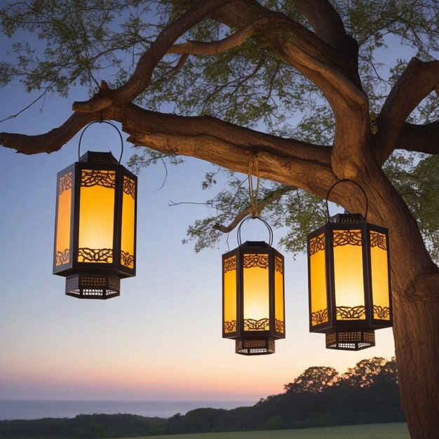 사진 은 나무 가지 에 매달린 조명 된 등불