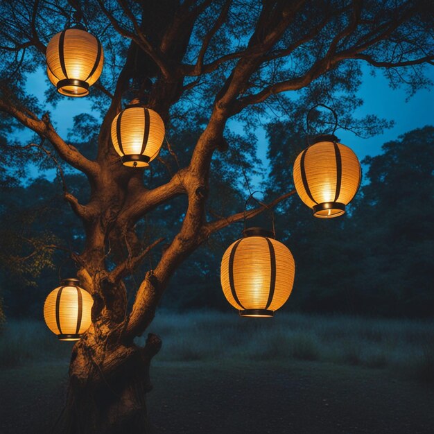 Foto lanterne illuminate appese ai vecchi rami degli alberi