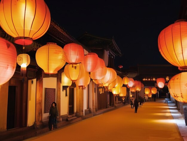 조명 된 등불 들 이 밤 에 고대 도시 거리 들 을 비추고 있다