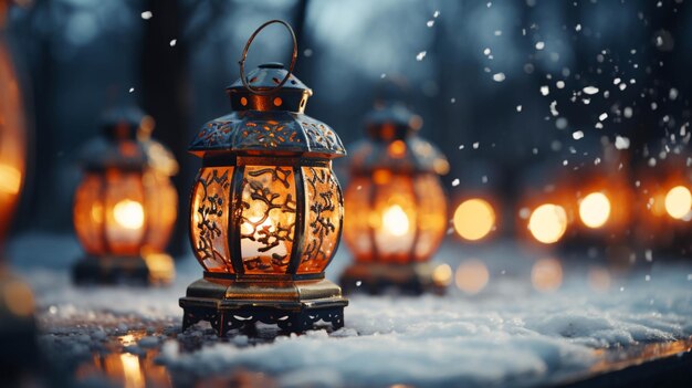 Illuminated lanterns snow covered blur background