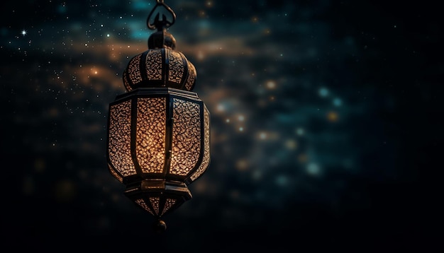 Illuminated lanterns symbolize Ramadan spirituality and beauty generated by AI