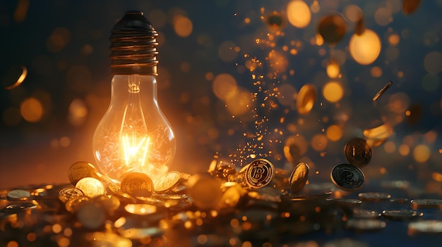 아이디어 와 투자 를 상징 하는 동전 들 사이 에 빛나는 전구