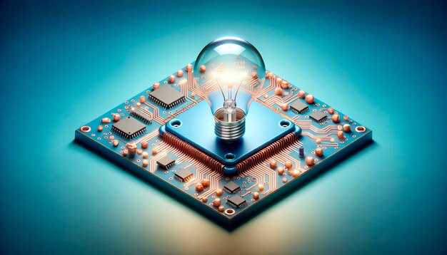 Illuminated light bulb on a circuit board concept of innovation and technology generative ai