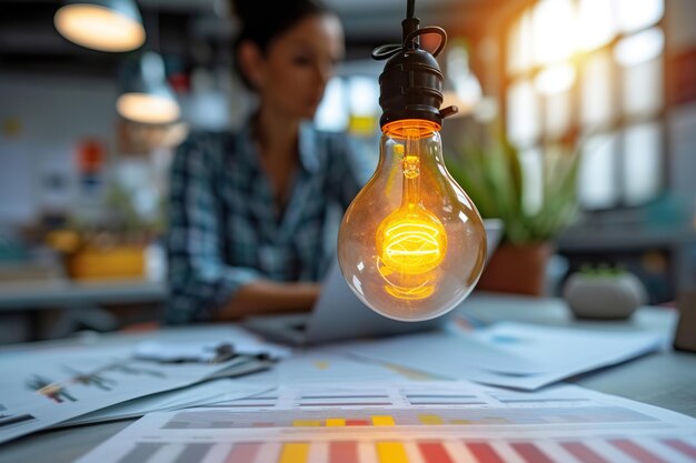 Foto lampadina illuminata nello spazio di lavoro creativoxun concetto di energia pulita