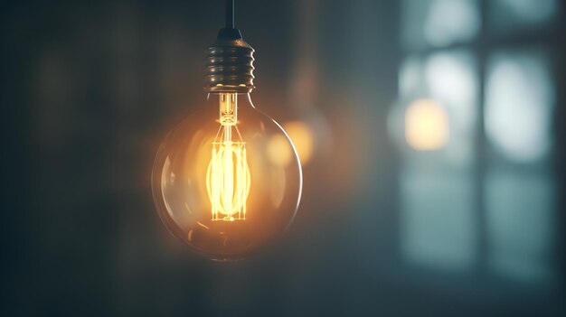 Illuminated Light Bulb in a Dark Moody Room Symbol of Ideas and Innovation