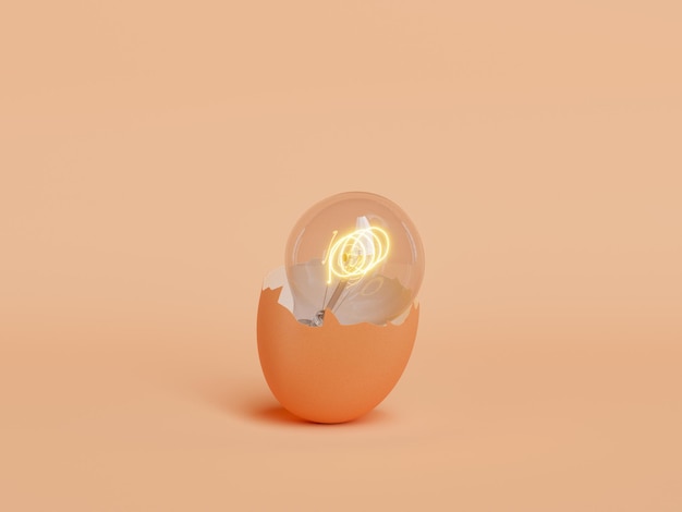 illuminated light bulb inside a broken eggshell. 3d rendering